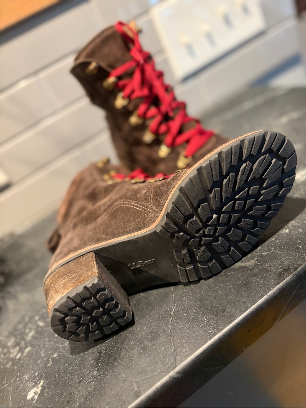 L.L. Bean Deerfield Alpine Brown Suede Lace-Up Ankle Boots with Red Laces - Picture 6 of 11
